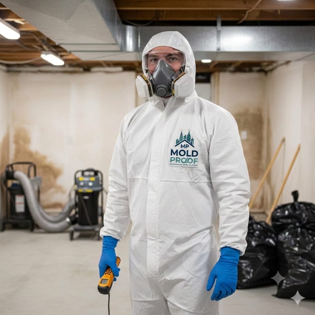 Mold Proof NYC certified technician in protective gear performing mold remediation